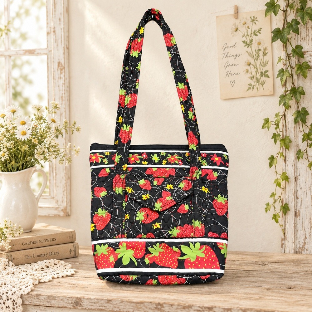 Strawberry Cottagecore Tote Bag Small Quilted Cotton Whimsy Shoulder Bag